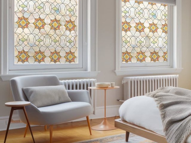 ADD.HERES Victoria stained glass window film in a bedroom